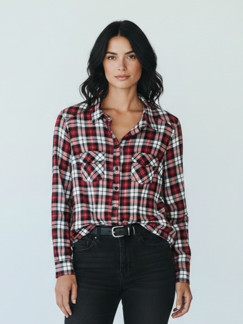 H&M Red Black and White Plaid Button-Down Shirt